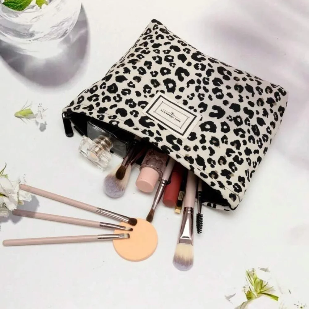 White Leopard Print Cosmetic Bag Chic Travel Pencil Pouch Makeup Bag